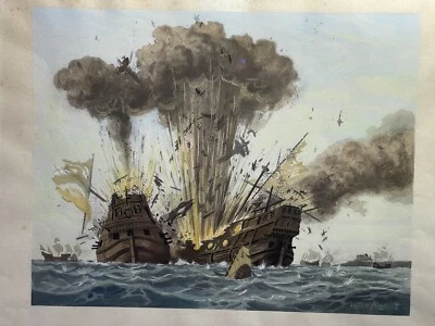 Gustave ALAUX (d’après ) Marine 1887-1965 Bataille Navale Gouache Au Pochoir - Photo 1/4