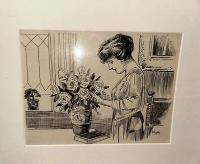 Walter Krawiec Art Nouveau Pluma y Tinta Dibujo Esposa Harriet Krawiec ¡Bodegón!! Foto 1 de 4
