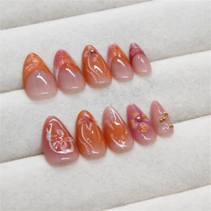 Short Almond Press-On Fake Nails 3D Soild Flowers French Gradient Manicure 24pcs - Picture 1 of 7