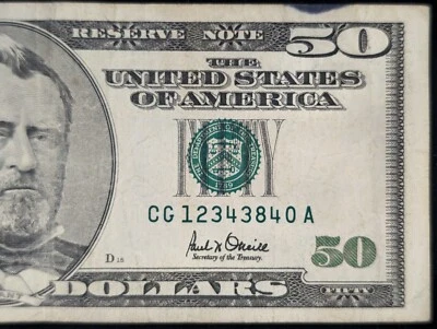 Series 2001 $50 Fifty Dollar Bill Fancy Serial Number Leading 4 Digit Ladder  - Image 1 of 3