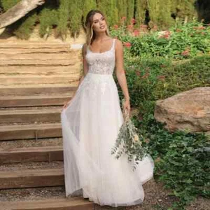 Vestidos de novia boho línea A cuello cuadrado sin mangas apliques de encaje vestidos de novia - Imagen 1 de 8
