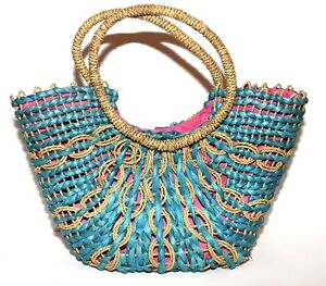 Braided Natural & Dyed Turquoise Genuine Straw Pink Cloth Lining Large Tote Bag 