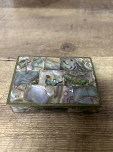 Vintage Alpaca Abalone Shell Inlay Trinket Jewelry Box Hecho Mexico Wood Lined - Picture 1 of 8