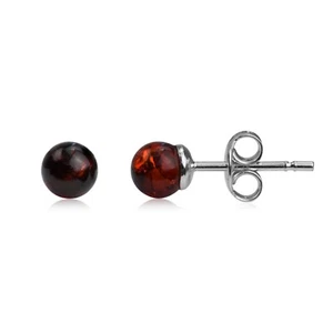 925 Solid Sterling Silver Cherry Baltic Amber Classic Ball Small Stud Earrings - Picture 1 of 3