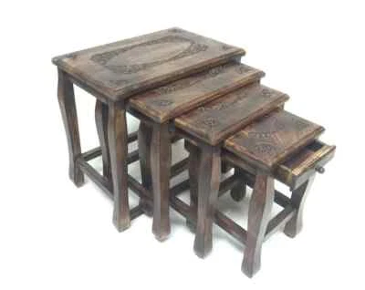 Set of 4 Nesting Table Hand Carved made wt/ Solid Indian Wood|Set of 4 Stool Set - Image 1 of 4