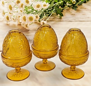3x Vintage Indiana Tiara Amber Daisy Pressed Sandwich Glass Fairy Candle Lamp - Picture 1 of 15