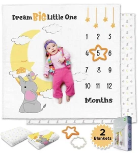 Organic Baby Milestone Blanket And Organic Muslin Swaddle Blanket | 2 Blankets | - Picture 1 of 7