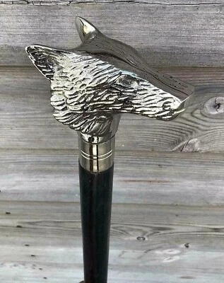 Classic Style Silver Wolf Head Brass Handle Black Wooden Walking Stick Cane New - Image 1 of 4