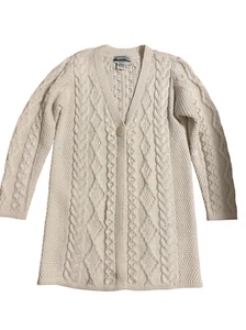 Aran Crafts Womens 100% Wool Long Cardigan Sweater Size M Cable Knit - Picture 1 of 4