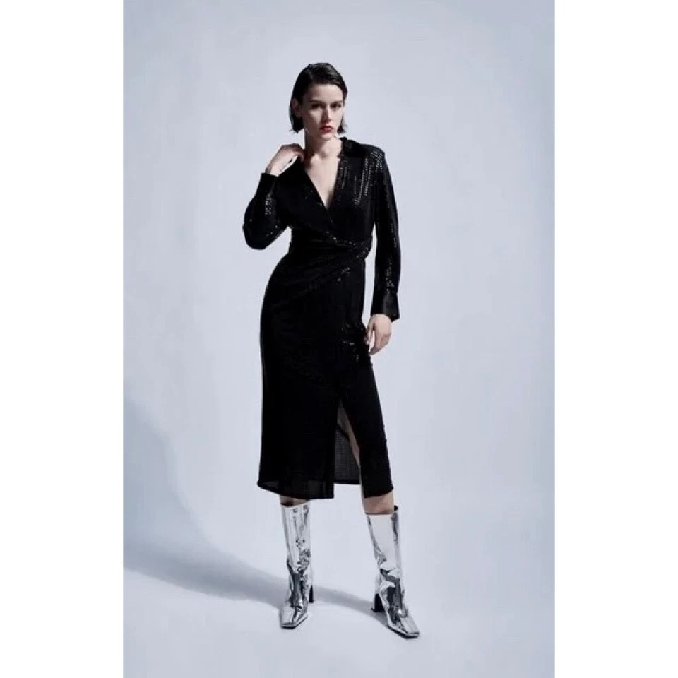 NWT!! ZARA Black Embellished Midi Dress Shirtdress Shirt Dress Twist Waist XS - Image 1 of 4