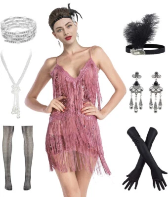 Vestido de cóctel Gatsby años 20 borla balanceo baile con conjunto de accesorios años 20 Foto 1 de 4
