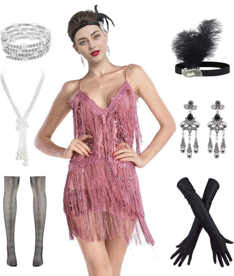 Vestido de cóctel Gatsby años 20 borla balanceo baile con conjunto de accesorios años 20 Foto 1 de 4