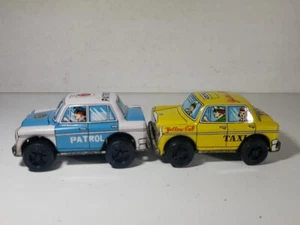 2 Vintage Sanko Tin Toy Cars Taxi & Patrol Car Japan Mercedes 300SE - Picture 1 of 10