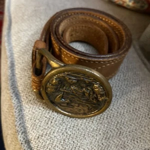 Vintage 1975 Tech Ether Guild Seascape Solid Brass Belt Buckle 70’s Leather Belt - Picture 1 of 10