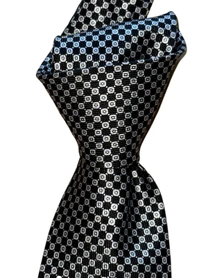 Gravata de pescoço BRIONI preta com geometria branca 3,7" tecida de seda feita à mão US$ 295 nova sem etiquetas - Imagem 1 de 4