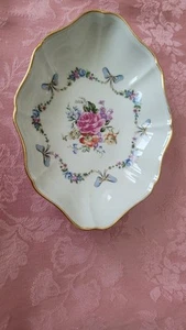 Vintage Limoges/Frankreich Schmuck Schale Goldrand Floral und Schleifen oval 5" x 7" - Bild 1 von 4
