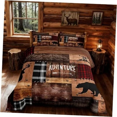 Juegos de cama de cabina tamaño, edredón rústico de madera marrón queen de granja Foto 1 de 4