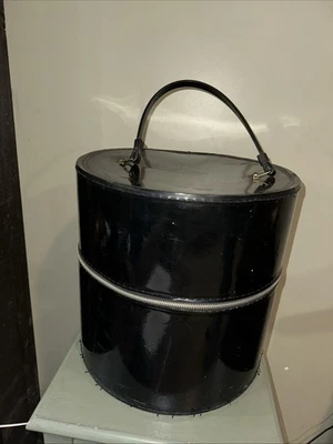 "De colección Peluca PATENTE Negra SOMBRERO Caja Estuche de Viaje con MANGO Maleta Redonda 12.5"" Grande" Foto 1 de 4