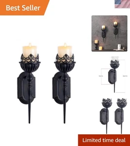 Set of 2 Black Crown and Scepter Metal Wall Candle Holders for Elegant Rooms - Picture 1 of 11