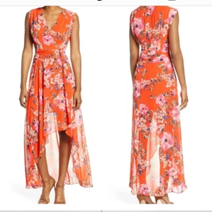 ELIZA J Floral High Low Chiffon Dress 16 V-neck Faux Wrap Sleeveless Red Orange - Picture 1 of 8