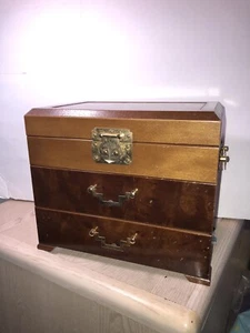 2 Drawer 1 Door Wood Jewelry Box Chest Brass Pulls Trinket Cabinet MALES/ FEMALE - Picture 1 of 7