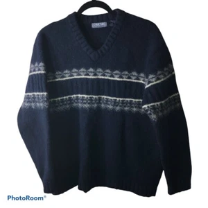 Vintage Y2K STRUCTURE Mens Shetland Wool Navy V-Neck Pullover Sweater Sz Large - Picture 1 of 11