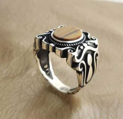 Anillo ojo de tigre para hombre de plata esterlina 925 declaración funky punk anillo de piedra marrón Foto 1 de 4