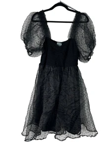 Arula X Dress Size XL Black Tulle Smocked Milkmaid Puff Sleeve Sheer Lined Mini - Picture 1 of 13