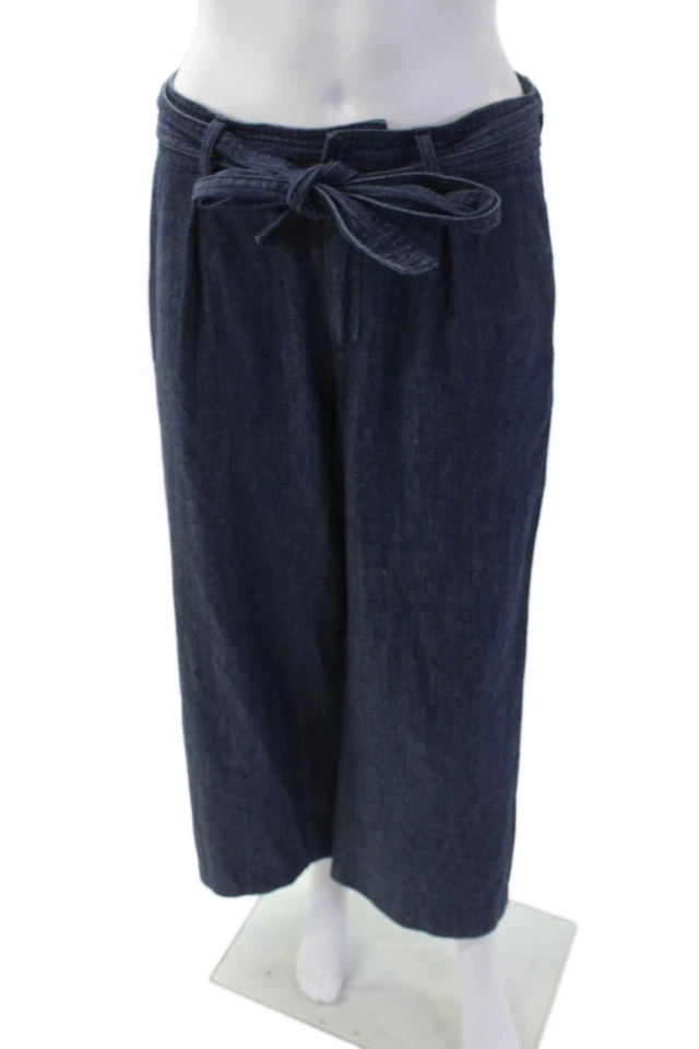 Joie Mujer Corbata Cinturón Lavado Oscuro Plisado Frontal Pierna Recta Pantalones Azul Talla 4 Foto 1 de 4