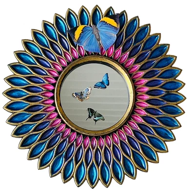 Small Framed Mirror Hand Painted Metallic + Butterflies Sunburst Mandala OOAK - Image 1 of 4