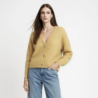 Cárdigan H&M Mezcla Lana Mohair XS Mantequilla Amarillo Oro Botón Grueso Tejido Suéter Foto 1 de 4