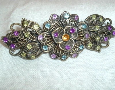 BEAUTIFUL BEADED BRASS AND RHINESTONE FLORAL  3.5" HAIR BARRETTE - Image 1 of 3