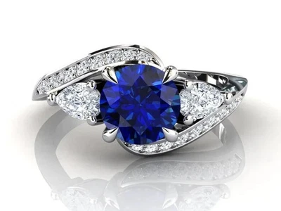 4.20Ct Round Cut Natural Sapphire &Diamond Wedding Solid 14k White Gold Ring - Image 1 of 4