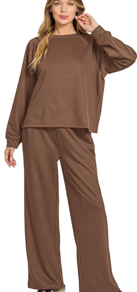 Zenana Marrón Buceo Manga Larga Pantalones Conjunto SX XL  Foto 1 de 1