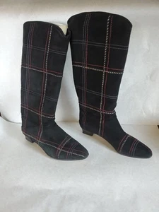 Vintage Bally Size 8.5 Black Suede Plaid Knee High Boots Pink Blue Stitching - Picture 1 of 21