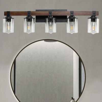 Arandela de parede 35 polegadas luz de vaidade de madeira LED banheiro fazenda 5 luzes vidro transparente - Imagem 1 de 4