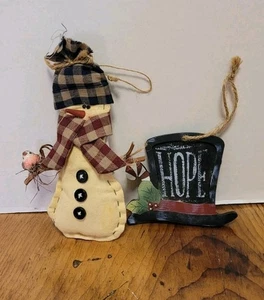2 Primitive Style Christmas Tree Ornament Fabric Snowman 7" & 3 1/4" Wood Hat - Picture 1 of 5