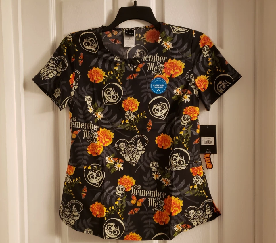 Disney Pixar Coco Scrub Top Day of the Dead Halloween Skull Shirt Small New NWT - Image 1 of 4