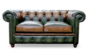 Patchwork Real Leather Chesterfield 2 Seater Sofa 100% Comfy Couch Tan & Green - Picture 1 of 2