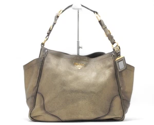 PRADA Vitello Daino Shoulder Bag Totebag Leather Silver Authentic - Picture 1 of 8