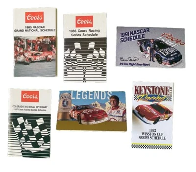 Juego de 6 anuncios de cerveza Coors Nascar Racing Pocket Schedules 1985-92 Golden CO Brewery Foto 1 de 2