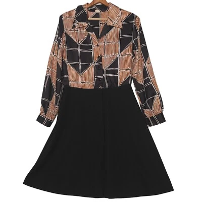 Vestido Talla 6 Lana Poliéster Negro Marrón Cuello Botón Secretaria Vintage Años 70 Foto 1 de 4