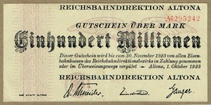 DIRECCIÓN DE TREN DEL REICH ALTONA 1. 10. 1923 100 MILLIONEN MARK P-S1115 XF - Imagen 1 de 2