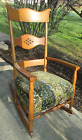 Oak Arts & Crafts Rocking Chair, Tiger Oak  w Green Upholstery Seat 20th Century