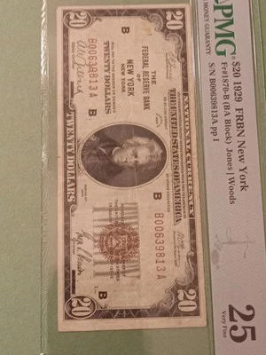 $20 1929 New York  National Currency Bank Note. Type 2. PMG 25 - Image 1 of 4