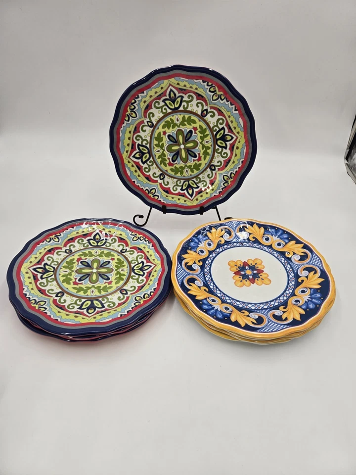 Cynthia Rowley Mutil Colored Floral Scalloped Edge Red & Yellow Set Of 8 - Image 1 of 4