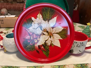 Bandeja de servir de Navidad de colección de metal MCM kitsch fiesta lata flor de pascua 11 pulgadas buena - Imagen 1 de 7