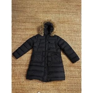Lands End Black Puffer Coat Faux Fur Hood Winter Parka Women Medium Petite - Picture 1 of 5