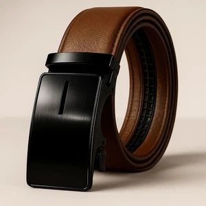 Cinturón de vestir ajustable con hebilla automática de cuero marrón con trinquete para hombre - Imagen 1 de 5