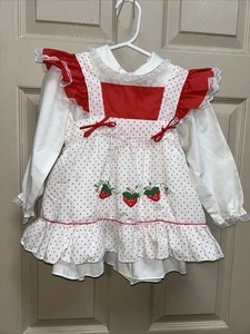Vtg Girls Pinafore Dress Size 4 Red & White Apron Lace 2 Pc Strawberries 🍓 - Picture 1 of 13
